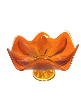 Vintage Amberina Pedestal Glass Bowl Ruffled Edge Mid Century Orange Compote